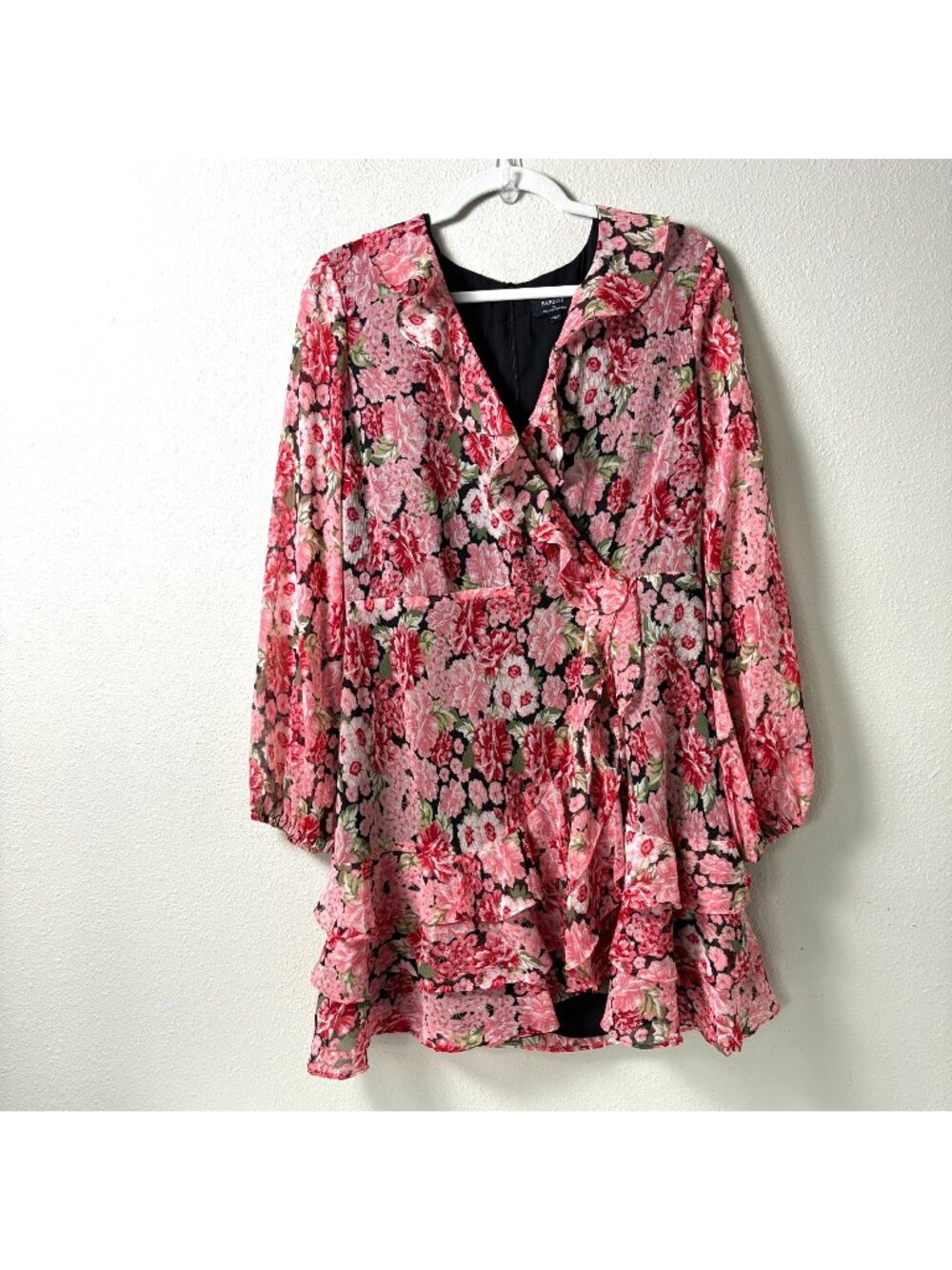 Bardot Triple Ruffle Frill Faux Wrap Dress Size XL Pink Floral Mini Long Sleeve